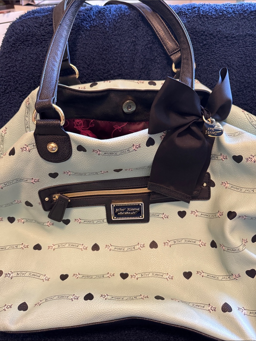 Betsey Johnson Mint and Black Heart-Print Tote with Bow Charm